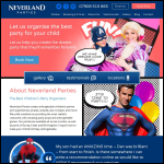 Screen shot of the Neverland Parties website.